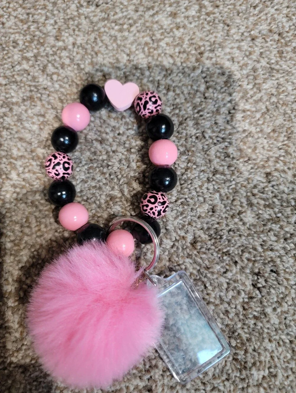Kids Pink and Black Beaded Pom-Pom Keychain Bracelet